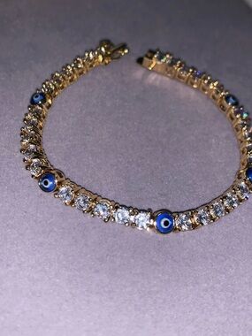 Gold-Tone Blue Evil Eye Tennis Bracelet with Clear Stones 8inch